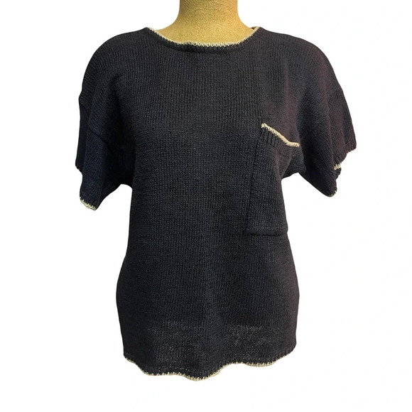 Rafaella black/cream trim short sleeve  sweater size large - Picture 1 of 4